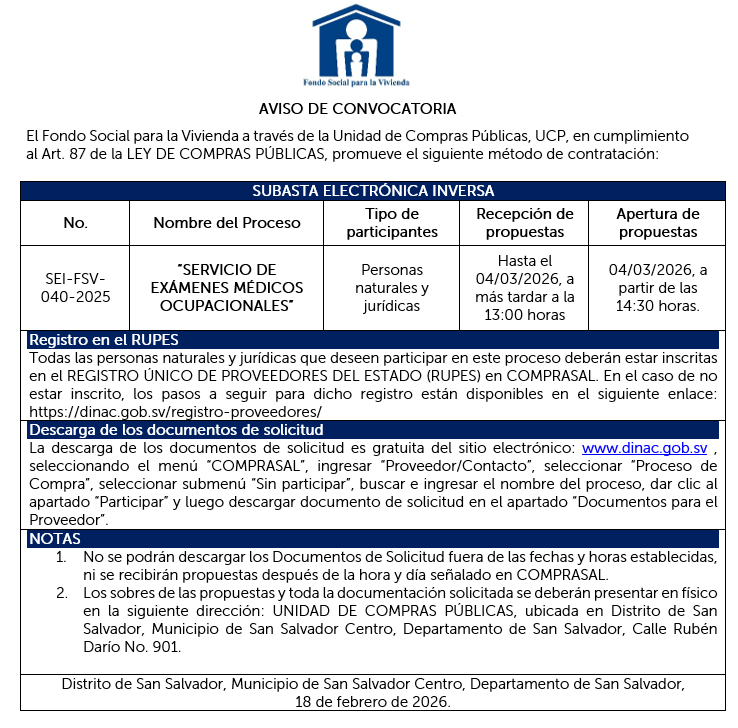 AVISO DE CONVOCATORIA SEI-FSV-040-2025