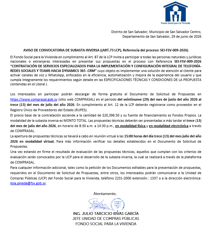 AVISO DE CONVOCATORIA SEI-FSV-009-2026