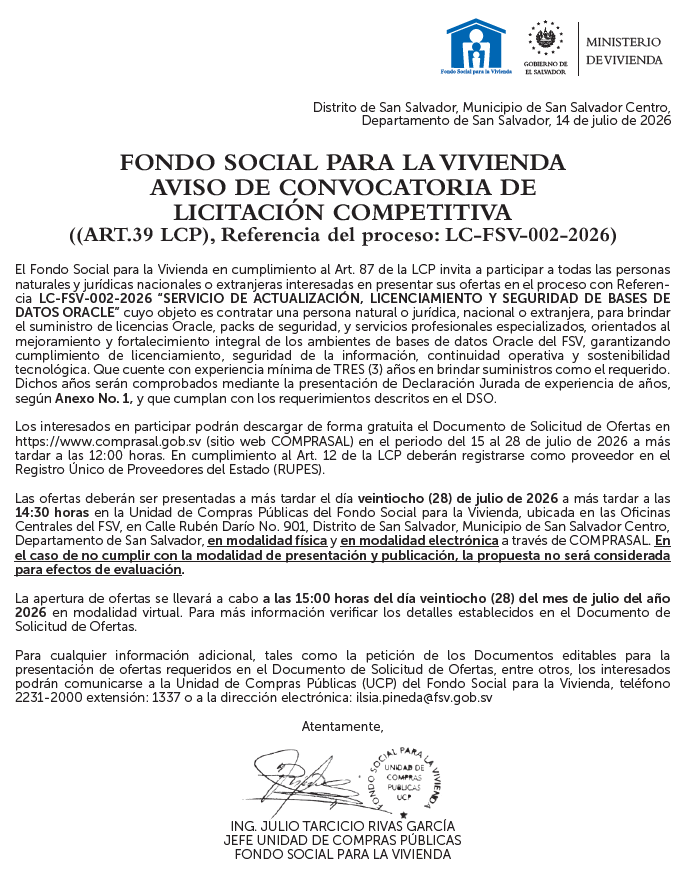 AVISO DE CONVOCATORIA LICITACIÓN COMPETITIVA LC-FSV-002-2026