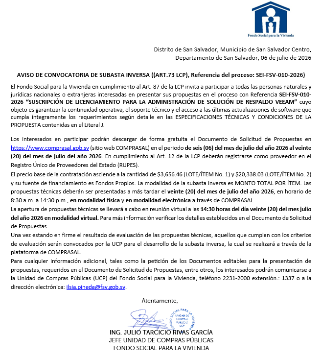 IMAGEN SOBRE AVISO DE CONVOCATORIA SEI-FSV-010-2026