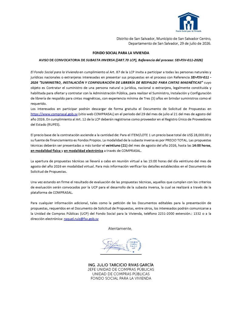 AVISO DE CONVOCATORIA SEI-FSV-011-2026