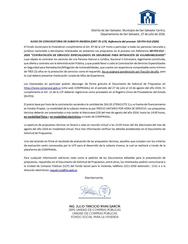 AVISO DE CONVOCATORIA SEI-FSV-012-2026