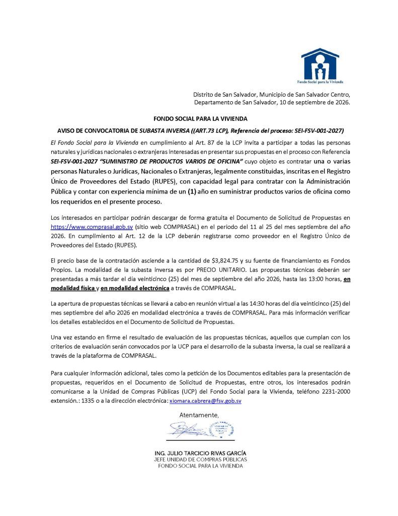 AVISO DE CONVOCATORIA SEI-FSV-001-2027